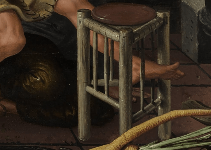 A painting of a man's foot resting on a triangular stool.