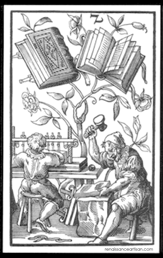 A woodcut depicts two men working at a book bindery with two finished tomes floating decoratively above them (this is the back of a playing card). One man sits at a table, sewing the signatures of a book together while his companion beats another book with a giant hammer.