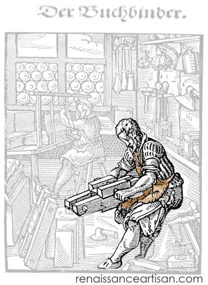 Jost Amman's bookbinder image. The man in the foreground using a bookbinders plough is in focus and the rest of the image grayed out.