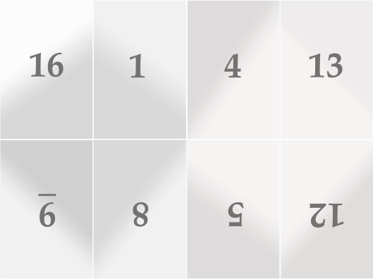 A plain sheet of paper, divided in eight rectangles to indicate the folded leaves. Numbered, from the upper left: 16, 1, 4, 13 and then the bottom row, upside down: 9, 8, 5, 12.